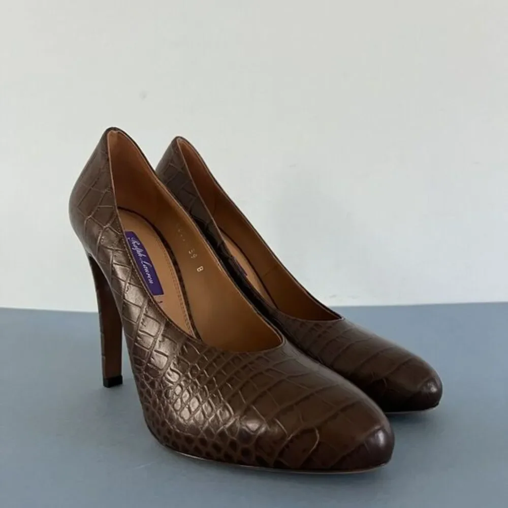 Ralph Lauren Purple Label‎ Darlene Embossed Calfskin Brown Leather Pumps